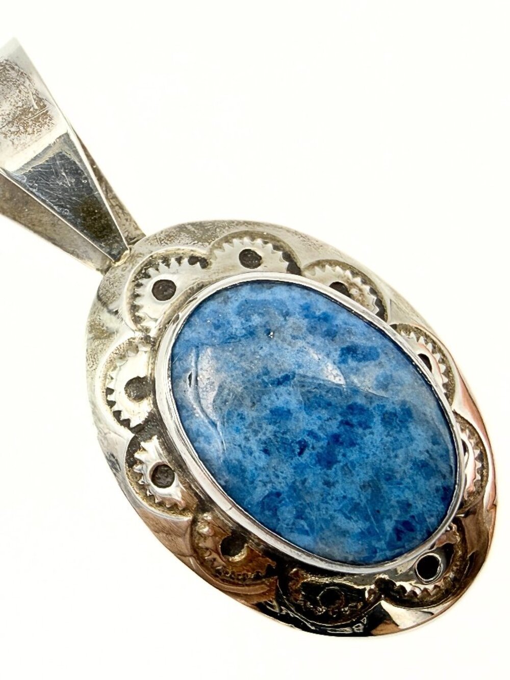 LJM Marked Hand Stamped Sterling Silver Starry Night Blue Denim Lapis Pendant